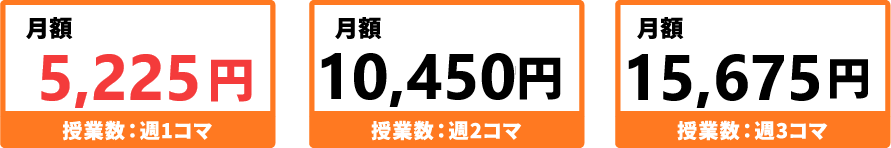 月額 5,225円 授業数：週1コマ 月額10,450円 授業数：週2コマ 月額15,675円 授業数：週3コマ